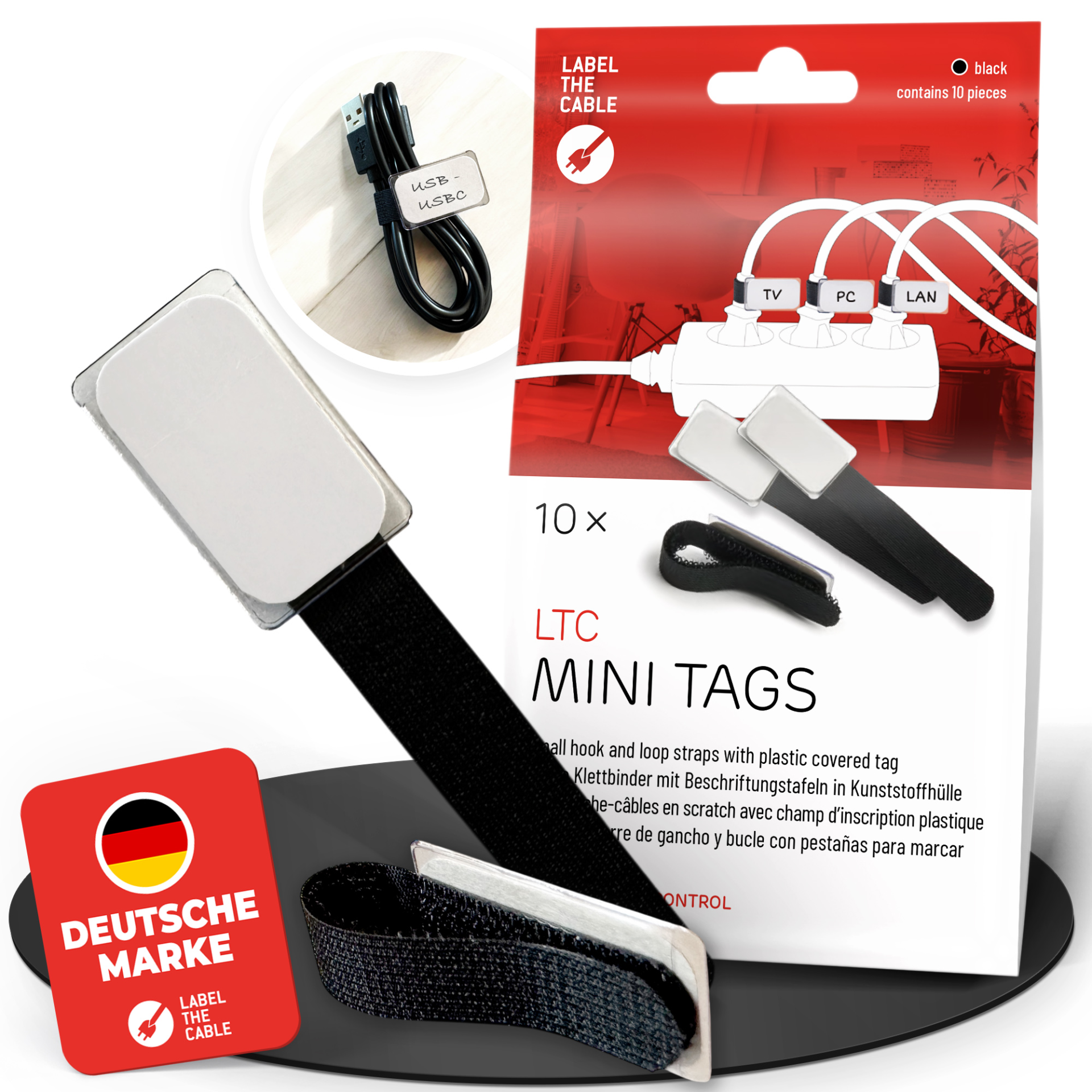 LTC MINI TAGS Kleine Klettkabelbinder mit Beschriftungstafeln 10 Stk Set schwarz