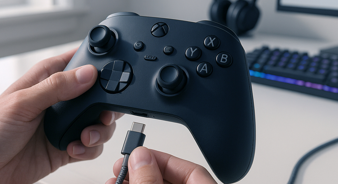 USB-C-Kabel wird an Gaming-Controller angeschlossen – ideal für verzögerungsfreies Spielen und schnelles Laden am PC oder Konsole USB-C-Kabel wird an Gaming-Controller angeschlossen – ideal für verzögerungsfreies Spielen und schnelles Laden am PC oder Konsole