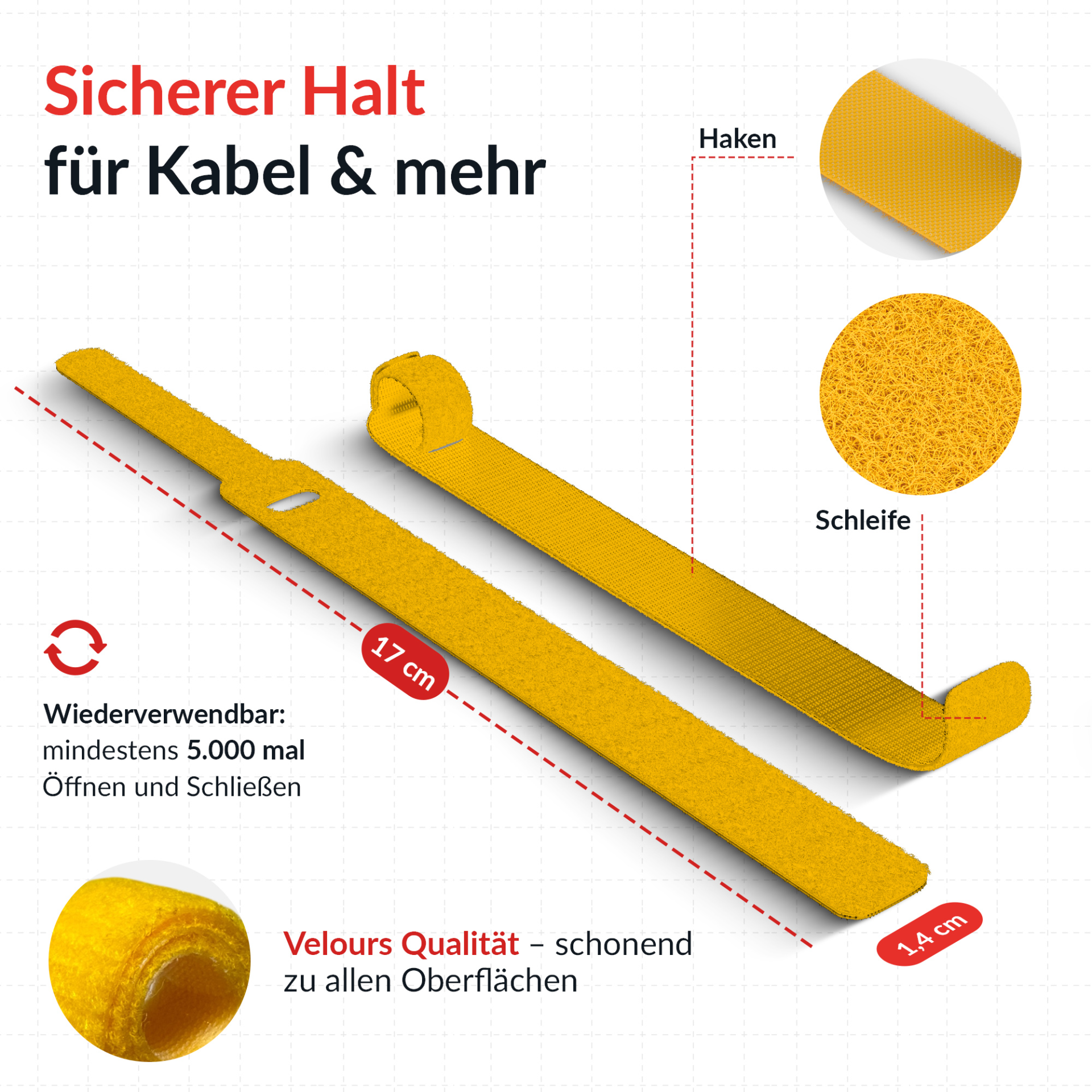 LTC BASIC STRAPS, Klettkabelbinder 10 Stück Set gelb/blau/rot