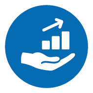Icon: Hand präsentiert ein aufsteigendes Balkendiagramm mit einem nach oben rechts zeigenden Pfeil darüber auf blauem Hintergrund Icon: Hand präsentiert ein aufsteigendes Balkendiagramm mit einem nach oben rechts zeigenden Pfeil darüber auf blauem Hintergrund