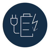 Icon for charging accessories with battery, plug and lightning symbol on dark blue background - symbol for power supply and chargers