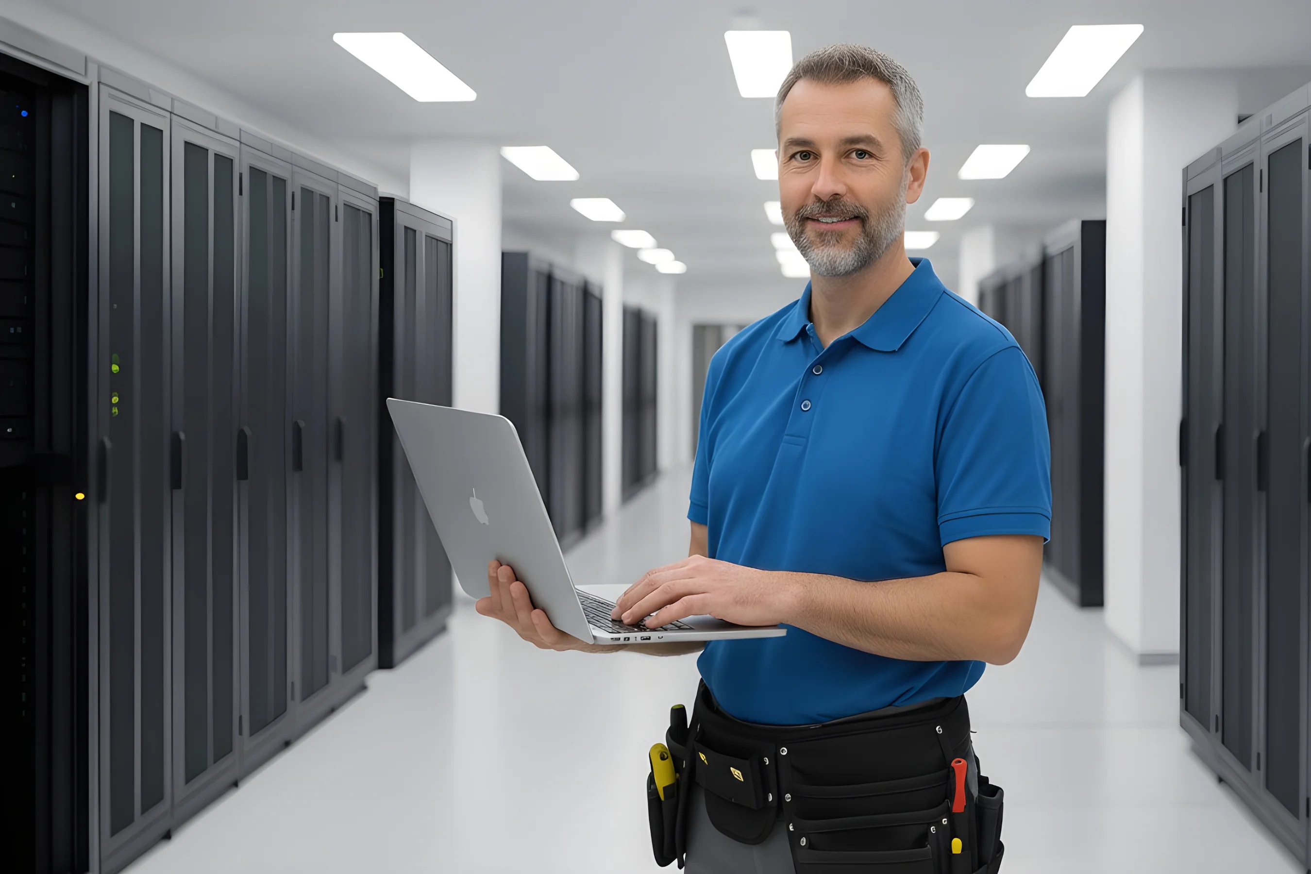 IT-Experte im Rechenzentrum mit Laptop vor Serverschränken für professionelle Netzwerktechnik