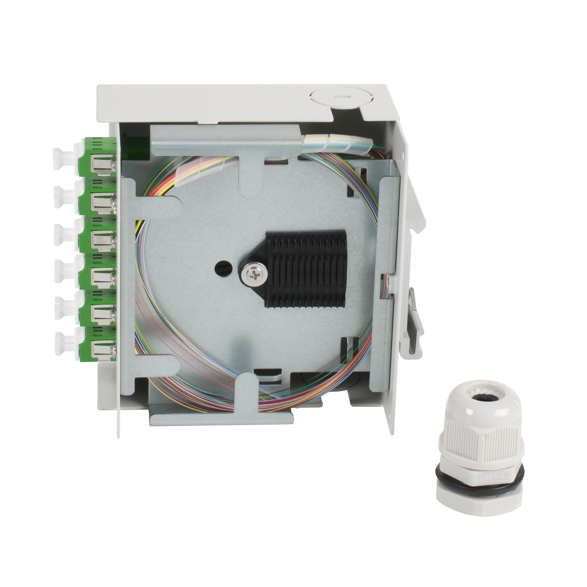 Hutschienenbox OS2 G652D 12xLC/APC Pigtail abgesetzt, 6x LC/APC-Duplex Kupplung