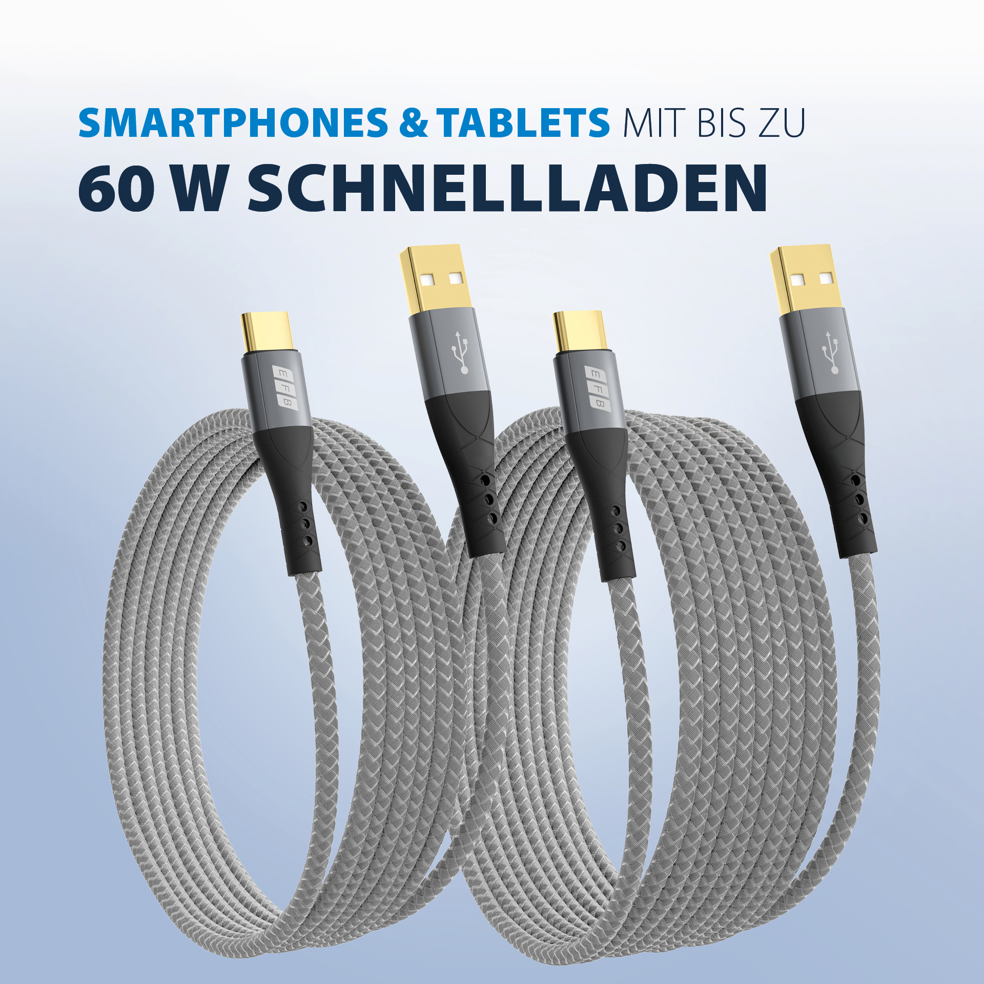 USB-A auf USB-C Kabelset 60W QC 3A 2x3m grau Goldkontakte Textilmantel