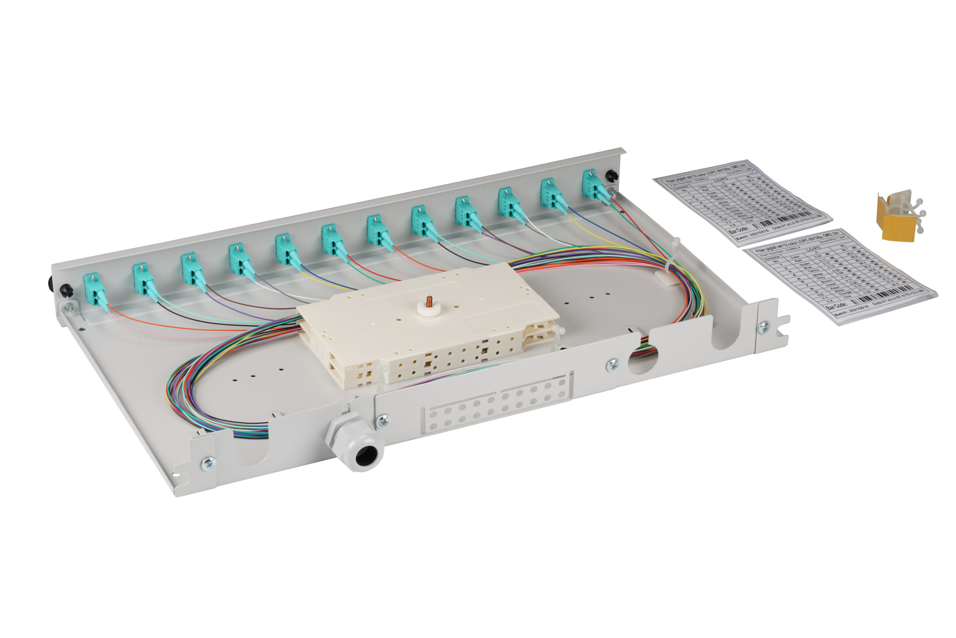 Splice box LC 50/125µ OM3 extendable, 12 pigtails stripped /6 adapters