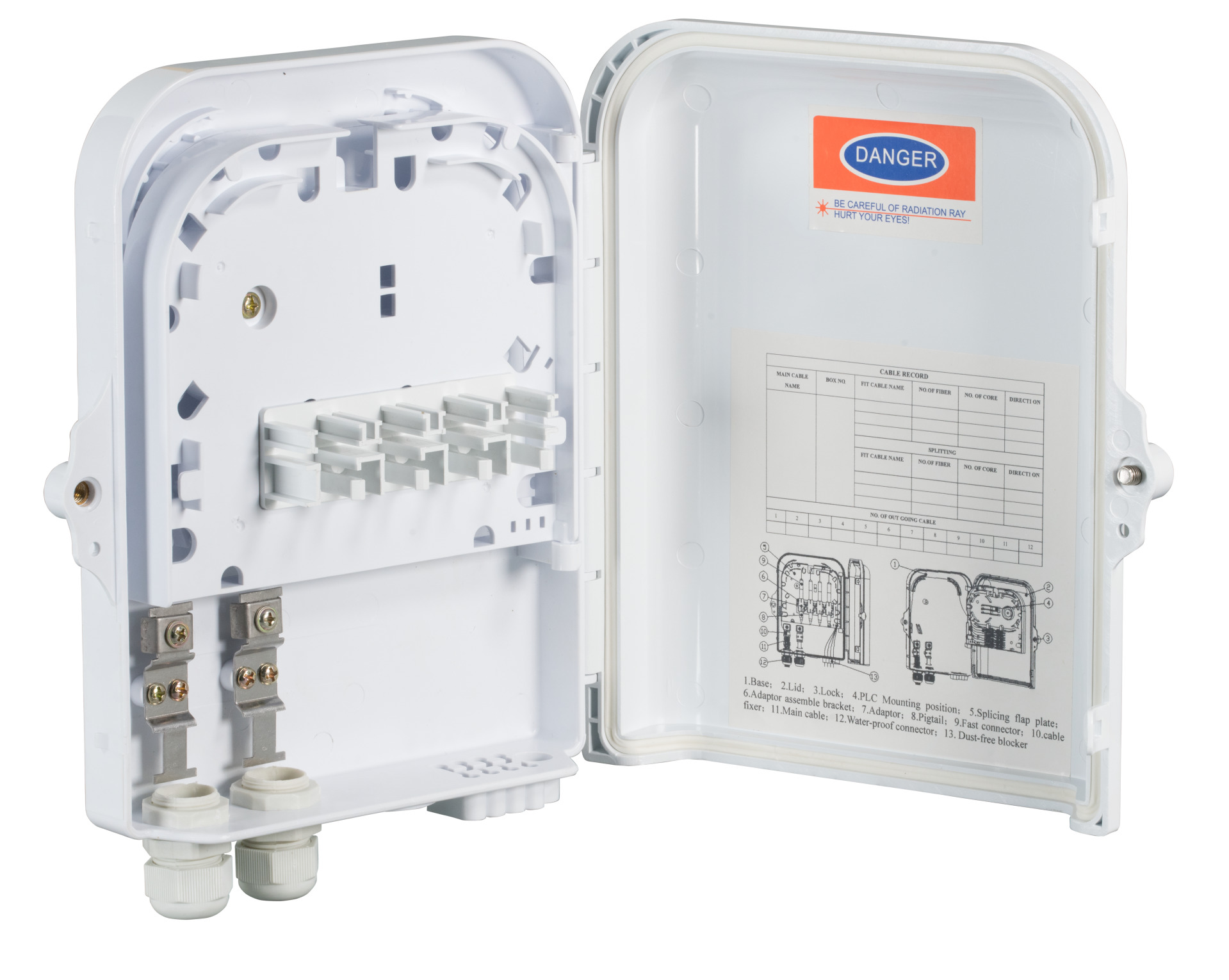 FTTH IP65 Anschlussbox für 16Fasern, 8Kupplungen und Faserüberlängenaufnahme