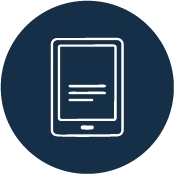 White line drawing of an e-reader with text displayed on a dark blue, circular background.