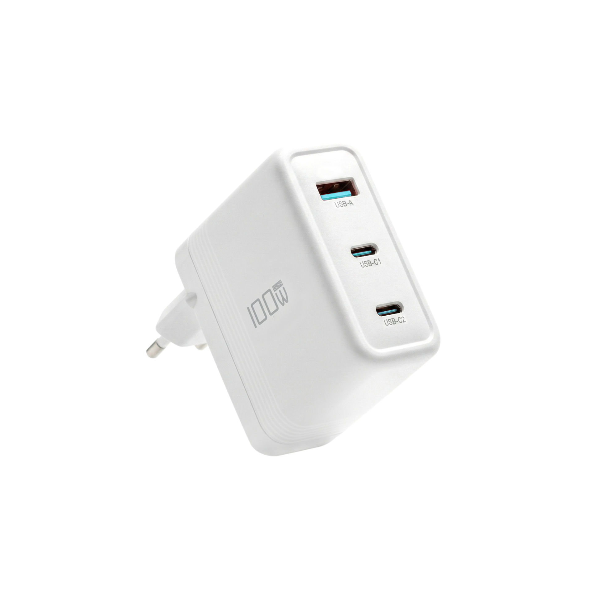 100W 2x USB-C +USB-A Charger PD3.0 GaN QC3.0 Input: 100-240V~1.5A 50/60Hz, white