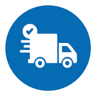 Icon für hohe Lieferzuverlässigkeit mit Lieferwagen und Häkchen auf blauem Hintergrund