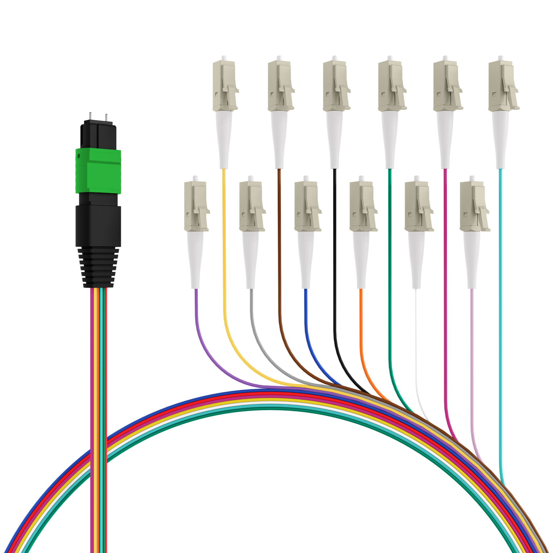 MTP®/APC(M)-LC/APC Fanout cable OS2 12 fibers Typ B LSZH yellow 0,4m