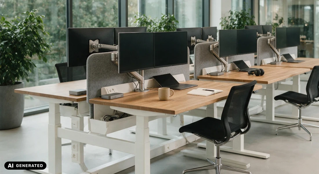 Modern office workspace with several height-adjustable desks, monitors, laptops, docking stations, and organized cable management