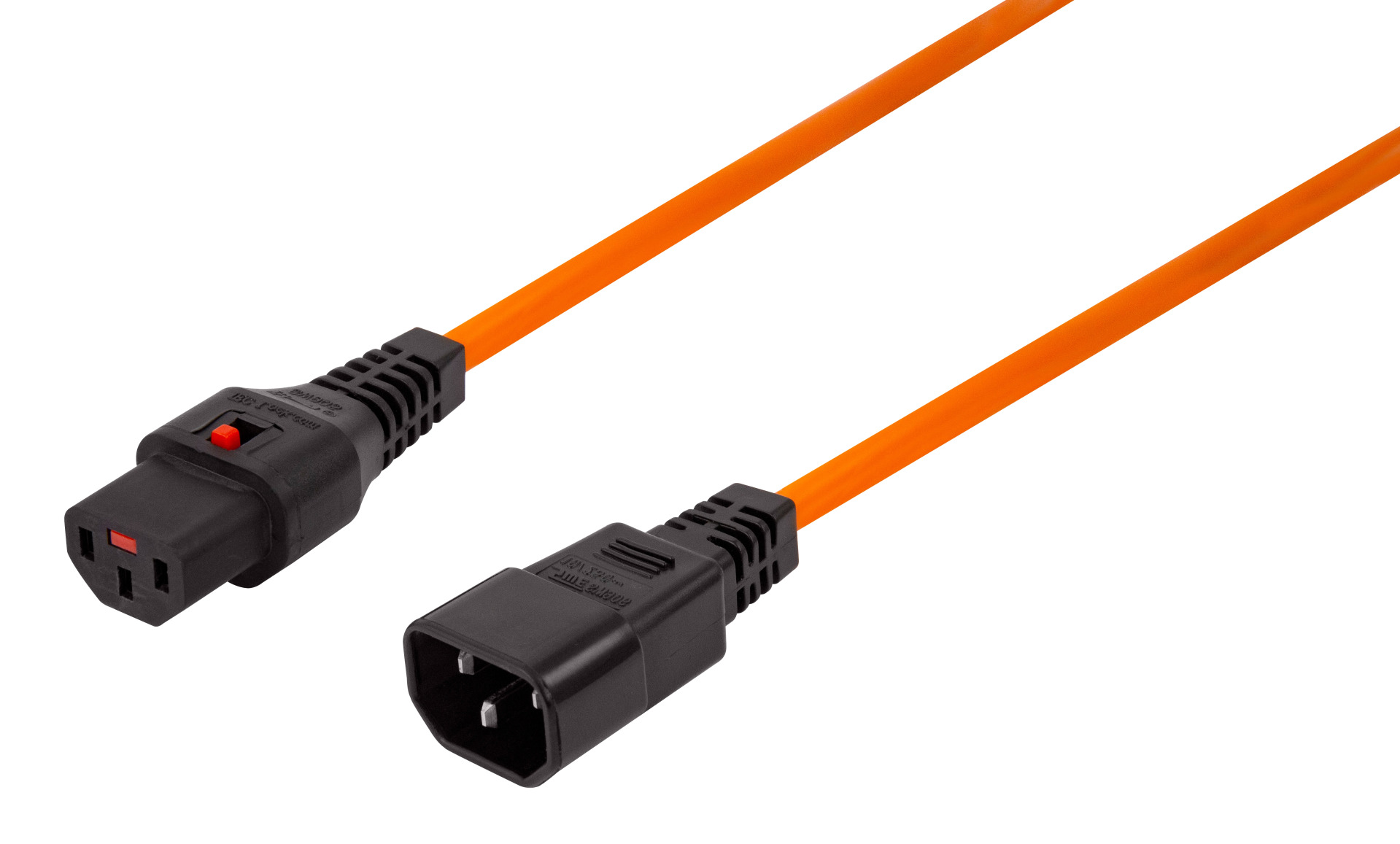Kaltgeräteverlängerung C14 180° - C13 180°, IEC Lock, orange, 1,0 m