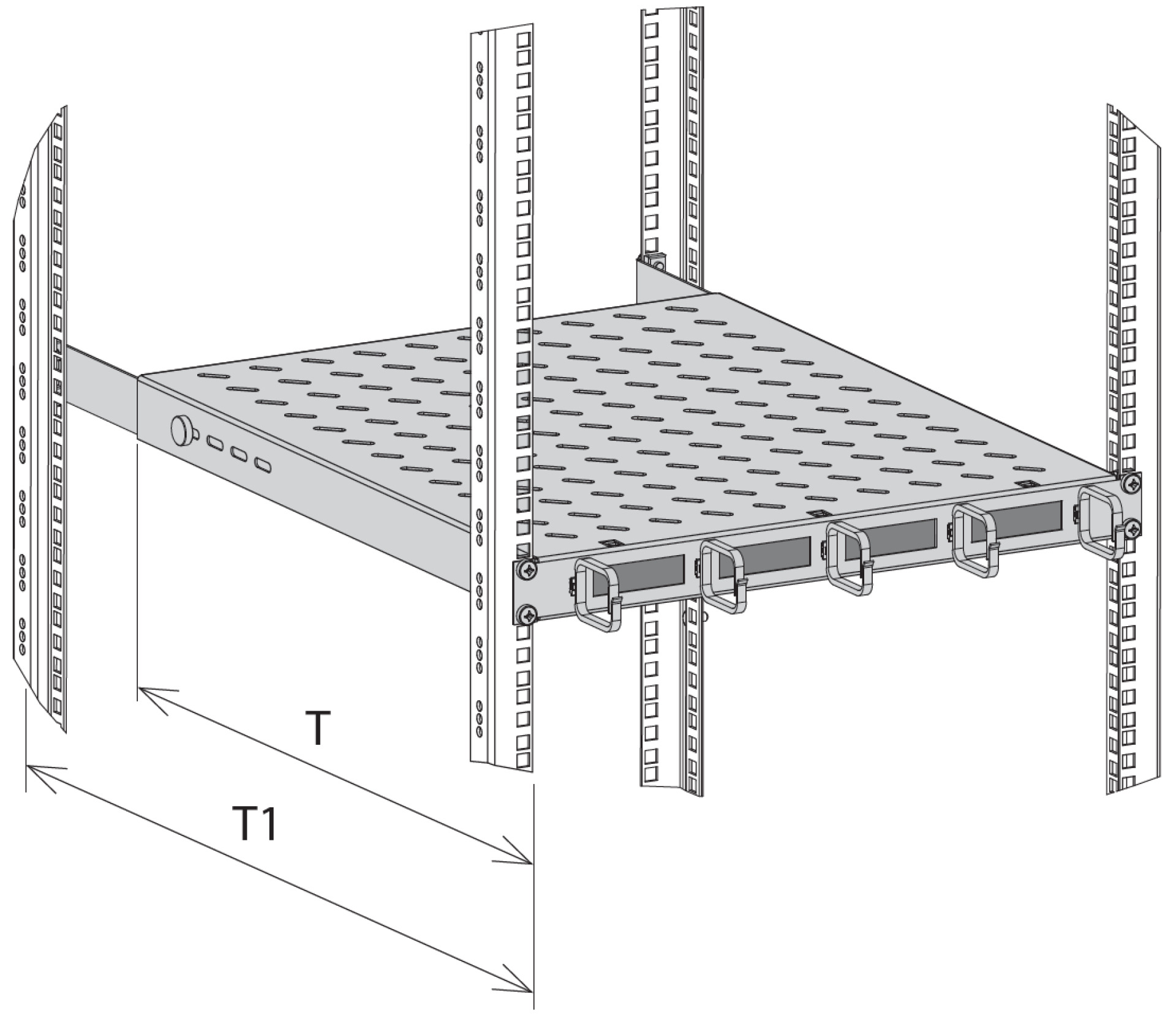 19" 1U Shelf Fixed, with Cable Routing, MD 950..1050 mm, 120 kg, CD 1200 RAL7035