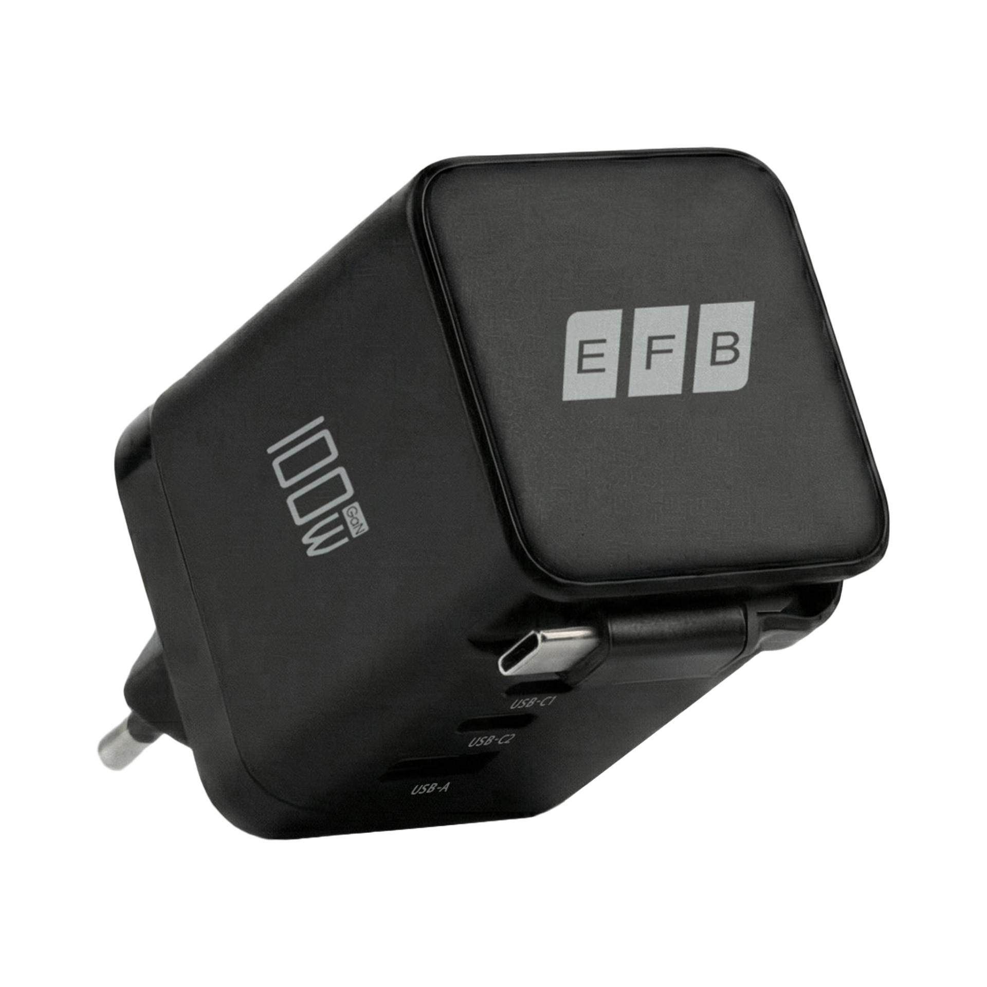 Ladegerät 100W 2xUSB-C+USB-A PD3.0 GaN QC3.0 USB-C Kabel ausziehbar 0,7m schwarz