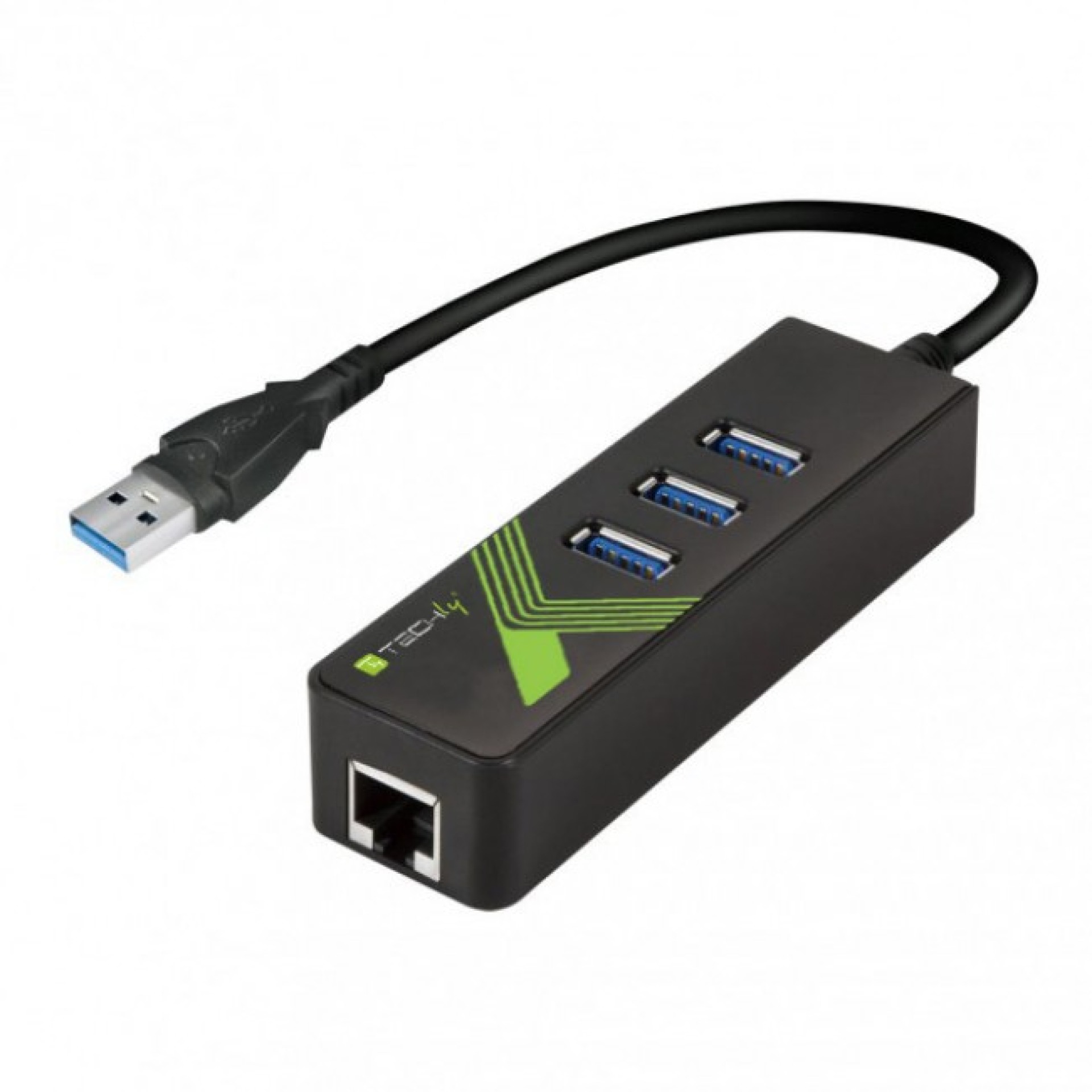 Konverter 1x USB A Stecker auf 1x RJ45 Buchse & 3x USB A Buchse