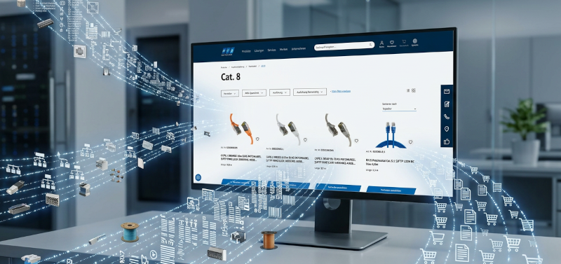 Monitor mit Cat.8-Produkten im EFB-Onlineshop, umgeben von digitalen Datenströmen für strukturierte Produktdaten im B2B-E-Commerce