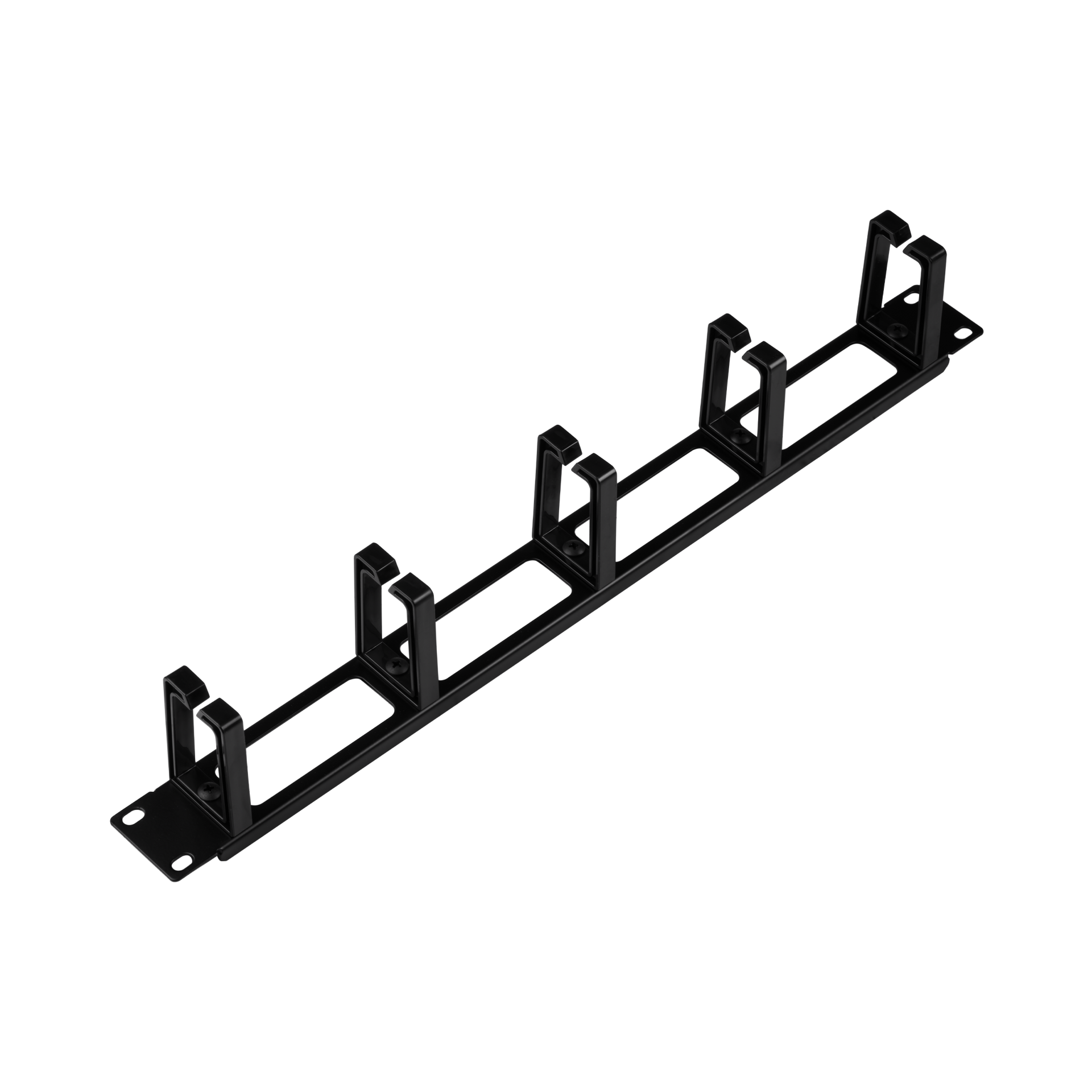 19" 1HE Kabelführungspanel, mit 4 Durchführungen,5 Kunststoffbügel RAL9005
