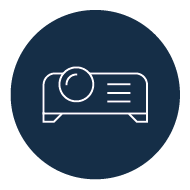 Beamer-Symbol als Icon für Präsentationstechnik und Projektion – minimalistisches Design auf dunkelblauem Hintergrund