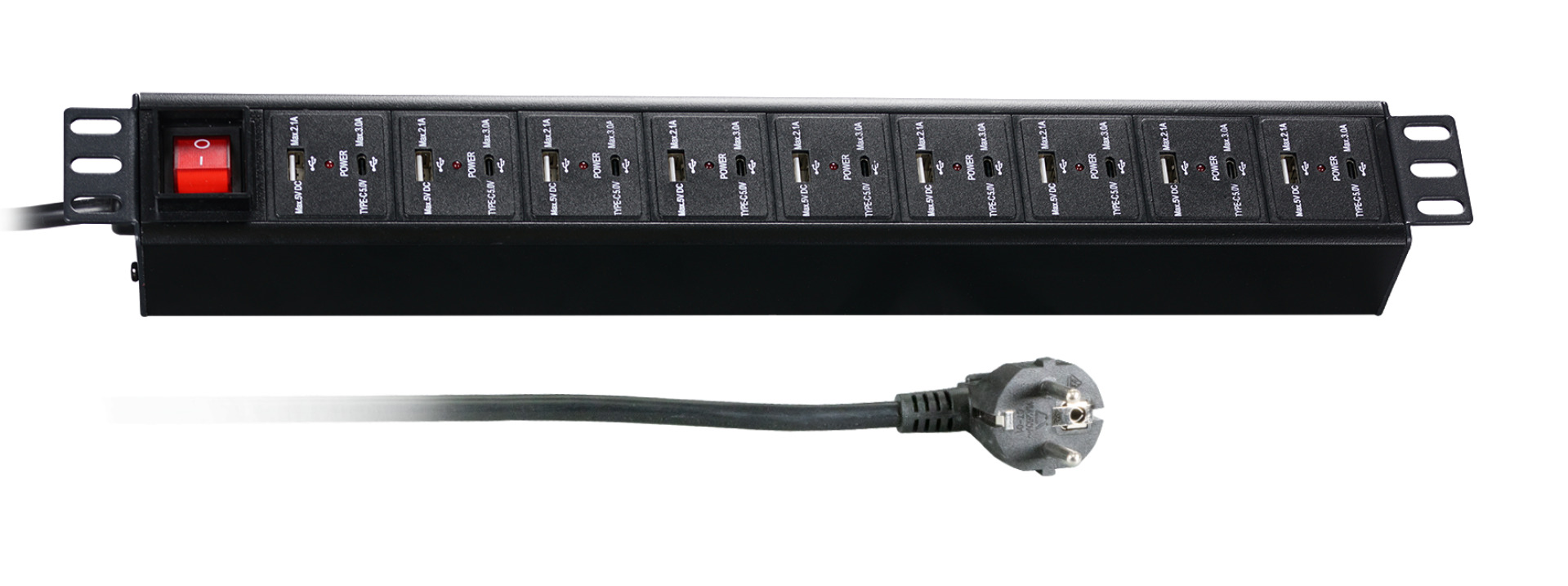 19“ 1,5HE Steckdosenleiste 18 x USB mit Schalter, schwarz