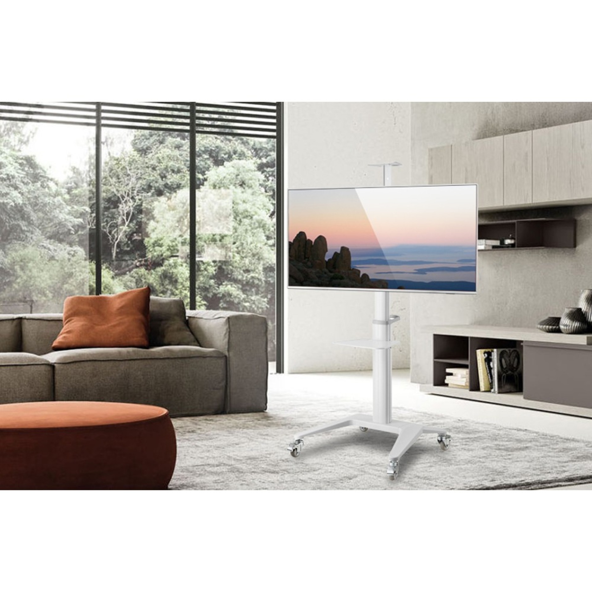 Ultra-modern TV cart made of aluminum, white, for TVs from 37" to 70"