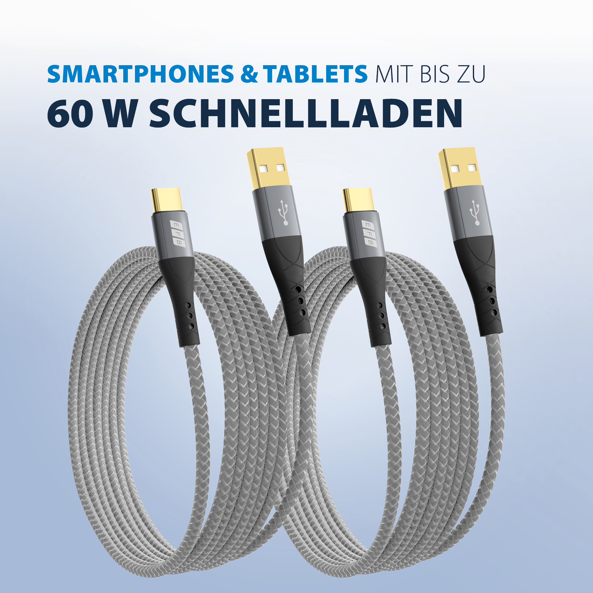 USB-A auf USB-C Kabelset 60W QC 3A 2x2m grau Goldkontakte Textilmantel