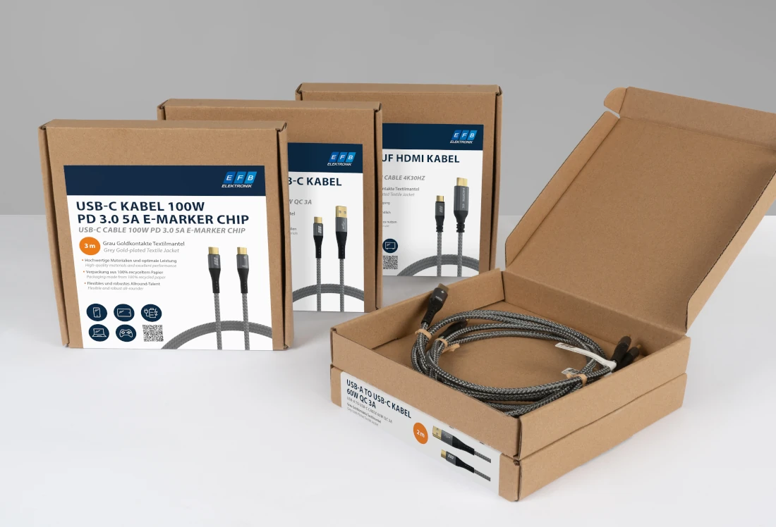 USB-C- und HDMI-Kabel in nachhaltiger Verpackung von EFB-Elektronik mit textilummantelten Leitungen