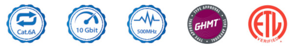 Zertifizierungs- und Leistungssymbole für Cat.6A, 10 Gbit, 500 MHz, GHMT und ETL Verified, die die Qualität und Leistungsfähigkeit der Netzwerkkomponenten bestätigen Zertifizierungs- und Leistungssymbole für Cat.6A, 10 Gbit, 500 MHz, GHMT und ETL Verified, die die Qualität und Leistungsfähigkeit der Netzwerkkomponenten bestätigen