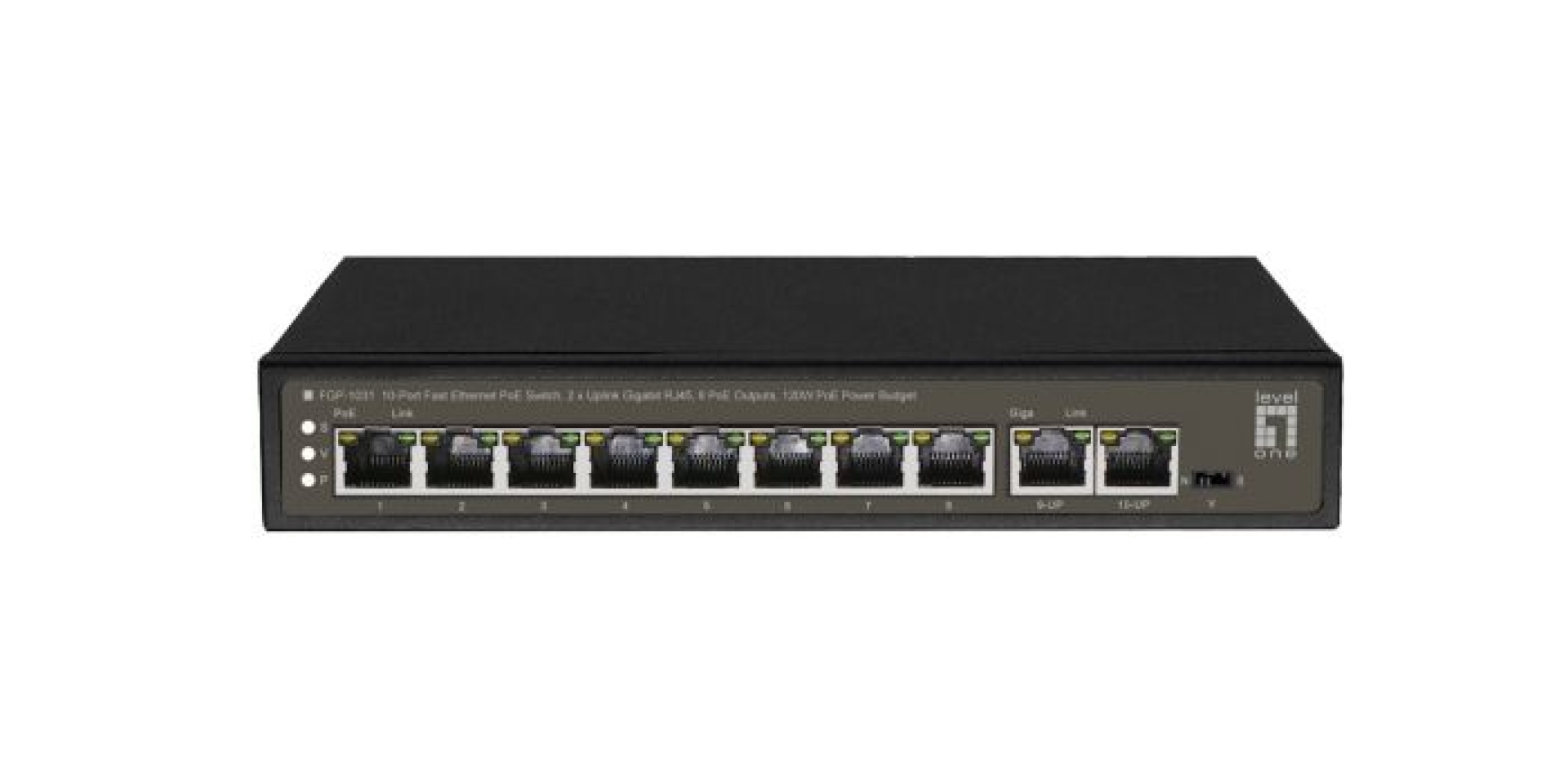 10-Port-Fast Ethernet-PoE-Switch, 2x Uplink Gigabit RJ45, 8x PoE-Ausgänge