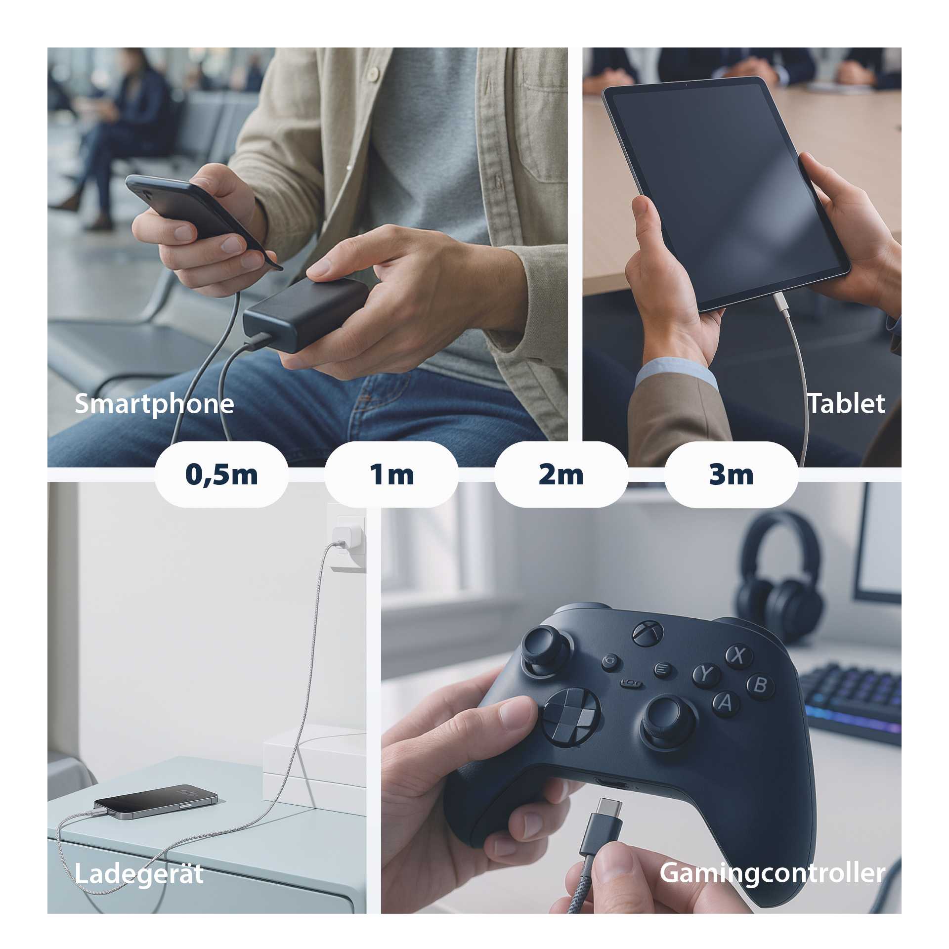 USB-A auf USB-C Kabel 60W QC 3A 2m grau Goldkontakte Textilmantel