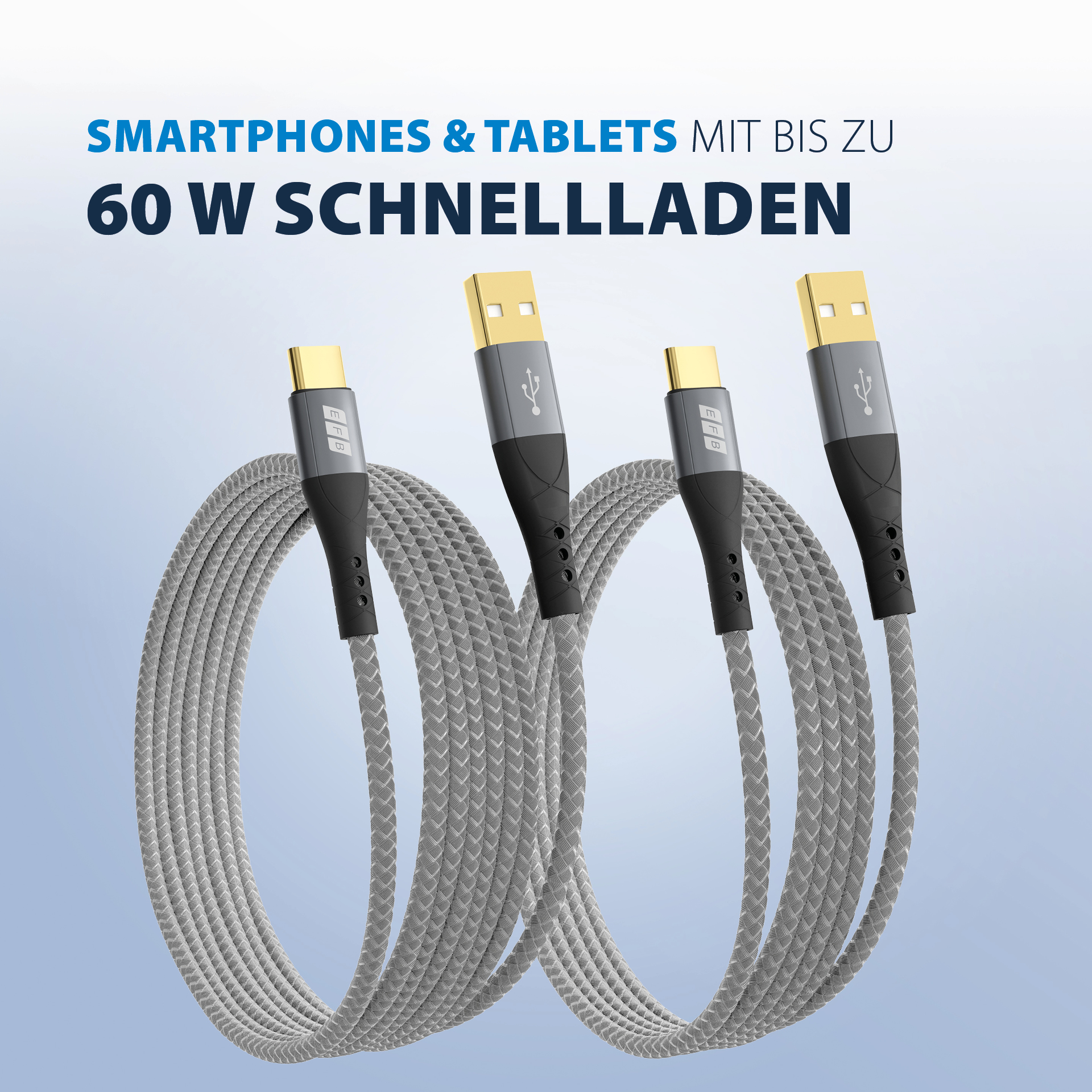 USB-A auf USB-C Kabelset 60W QC 3A 2x1m grau Goldkontakte Textilmantel