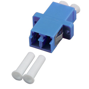 Blue duplex fiber optic coupling with two white protective caps. Blue duplex fiber optic coupling with two white protective caps.