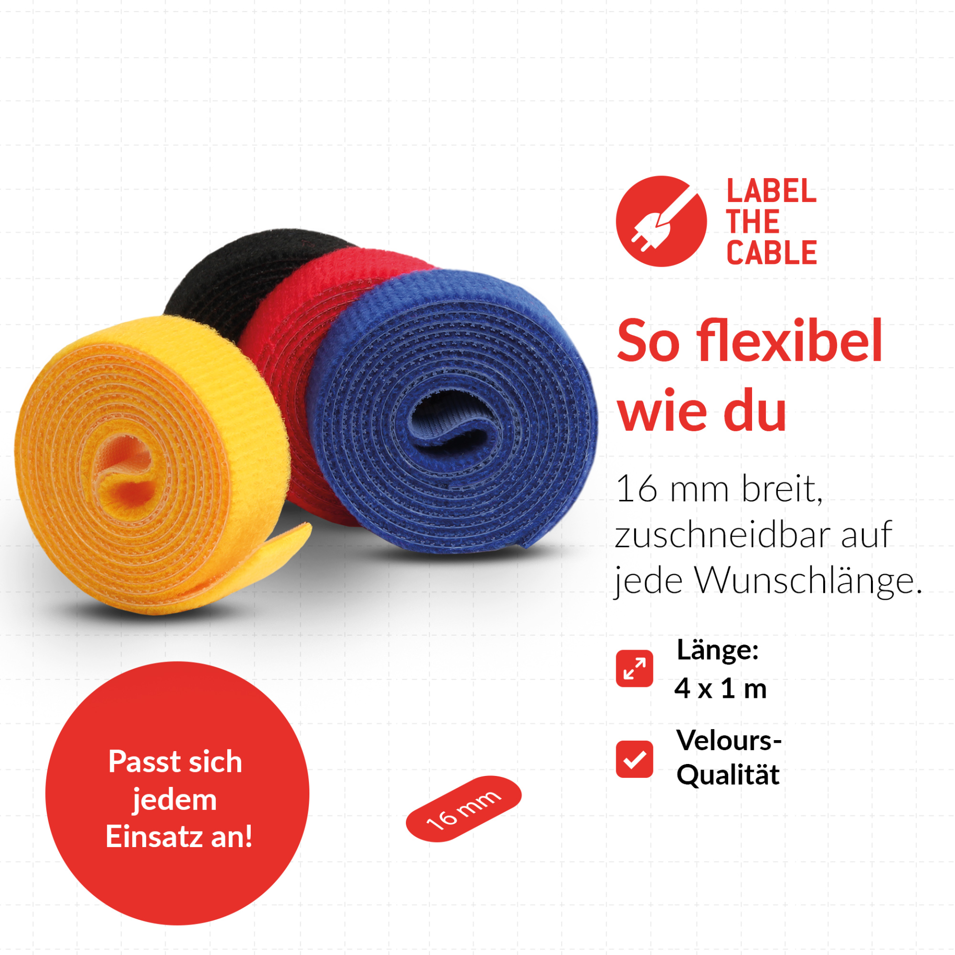 LTC ROLL STRAP, Doppelseitige Klettbandrolle 4x1m schwarz/gelb/blau/rot