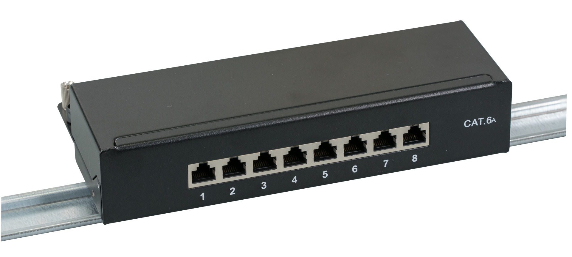 Mini-Patchpanel STP 8xRJ45 Cat.6A, 10“ 1HE, RAL9005 schwarz