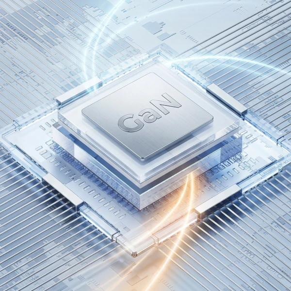 Visualization of a GaN chip as a symbol of efficient USB-C fast chargers featuring high power and a compact design