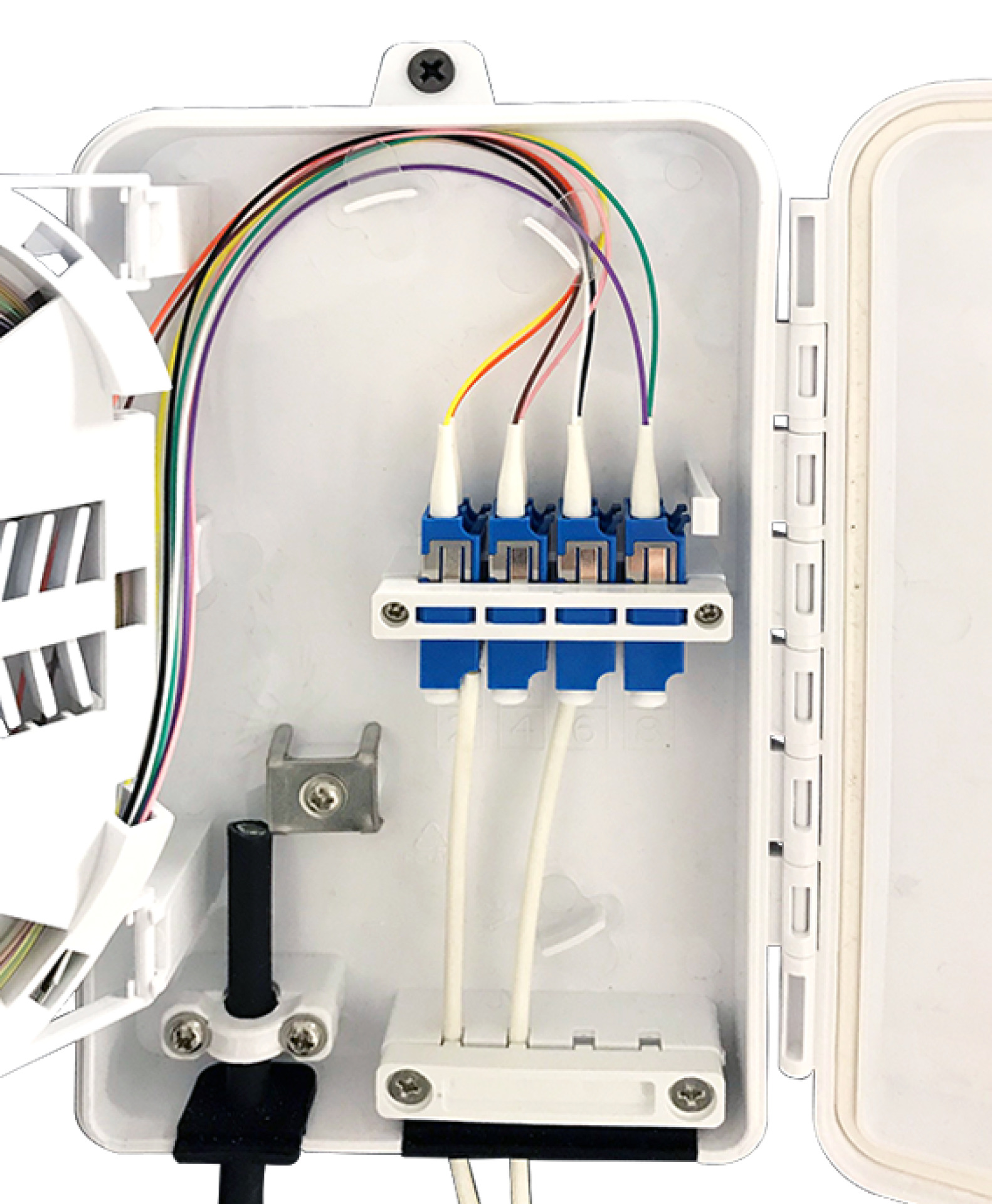 FTTH IP65 Anschlussbox für 8Fasern, 4Kupplungen und Faserüberlängenaufnahme