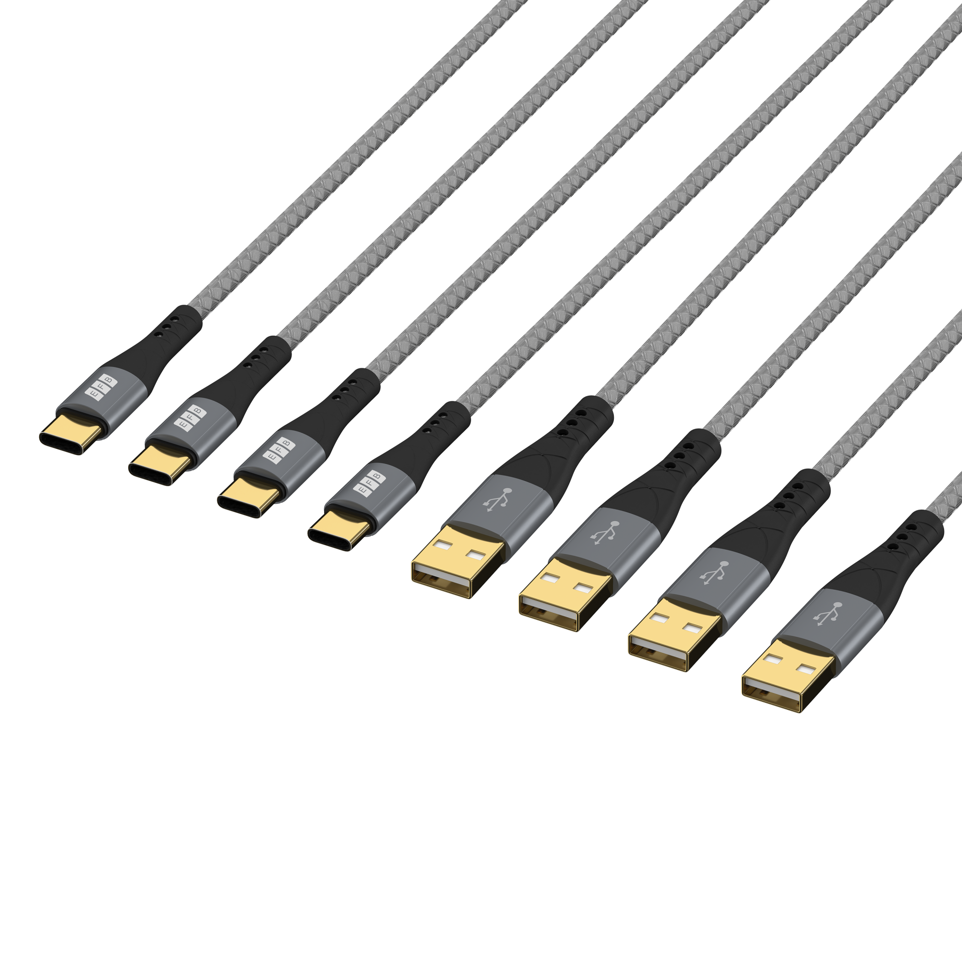 USB-A auf USB-C Kabelset 60W QC 3A 0,5m+1m+2m+3m grau Goldkontakte Textilmantel