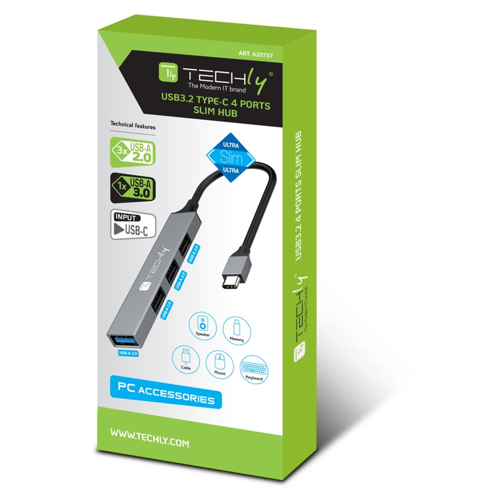 USB-C 3.2 Hub mit 4 schlanken USB-A-Ports, aus Metall