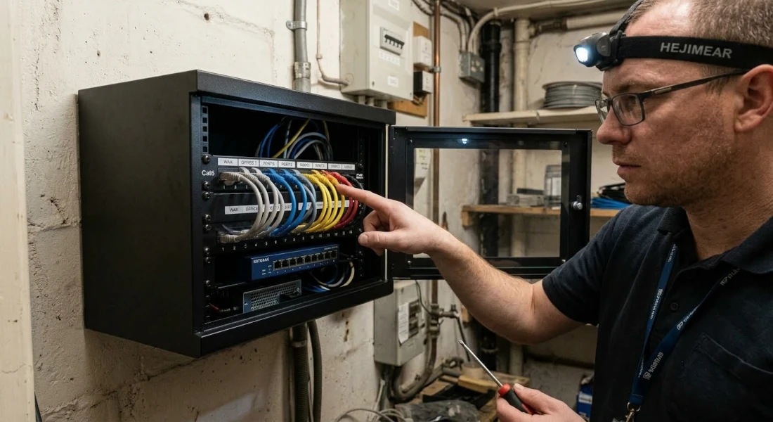 Techniker prüft ein 10-Zoll-Patchpanel im Netzwerkschrank