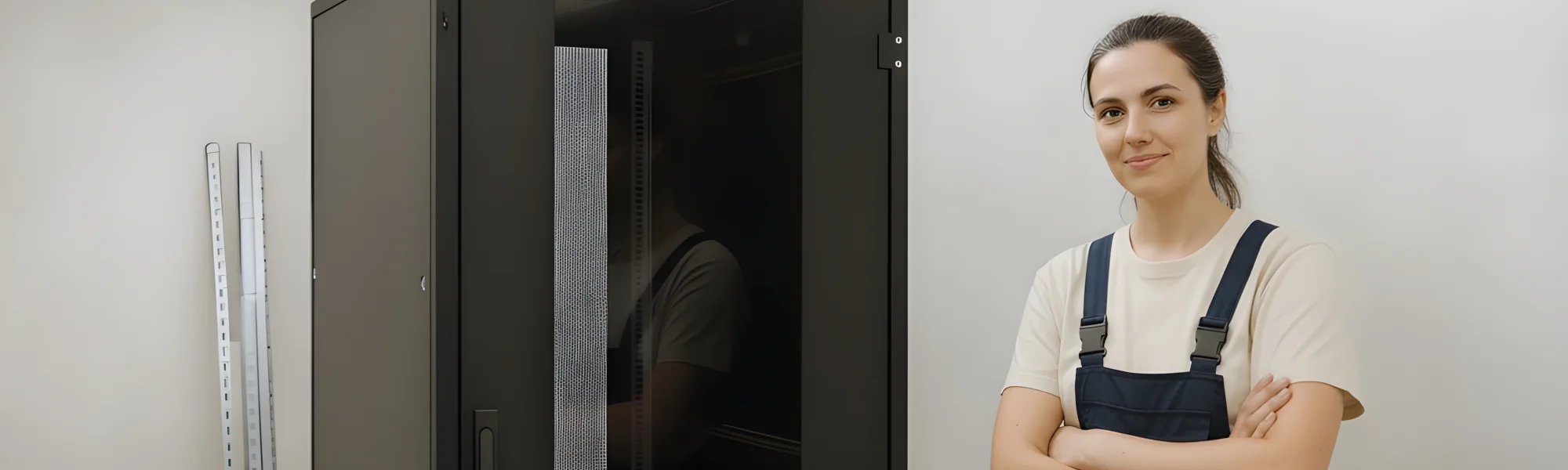 Lächelnde Installateurin in Arbeitskleidung steht mit verschränkten Armen neben einem schwarzen Netzwerkschrank Lächelnde Installateurin in Arbeitskleidung steht mit verschränkten Armen neben einem schwarzen Netzwerkschrank