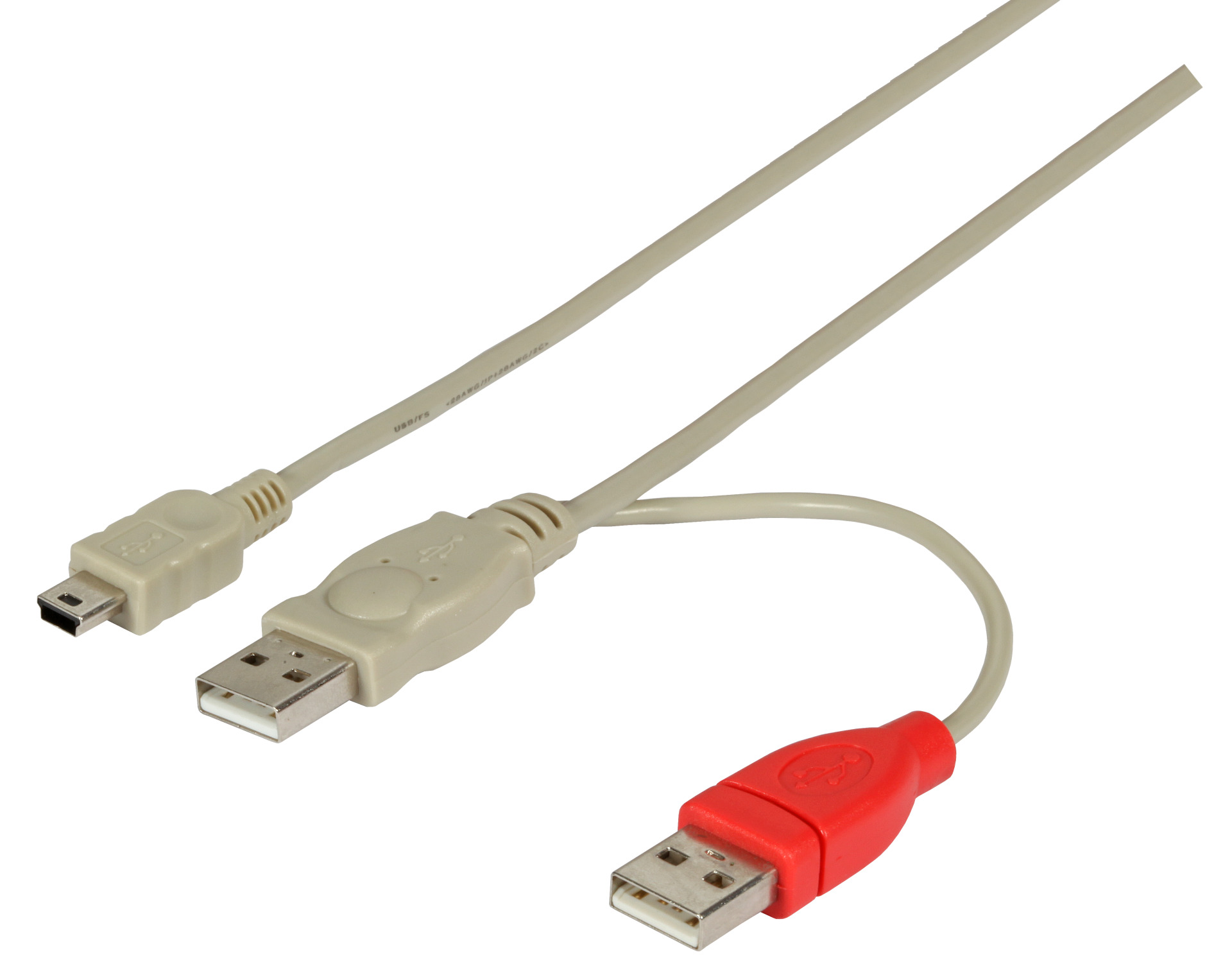 USB2.0 Y-Kabel, 1x USB Mini-B Stecker - 2xUSB A Stecker, 1 m, beige