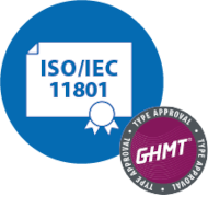 Icon: Zertifikat mit ISO/IEC 11801 Text auf blauem Hintergrund