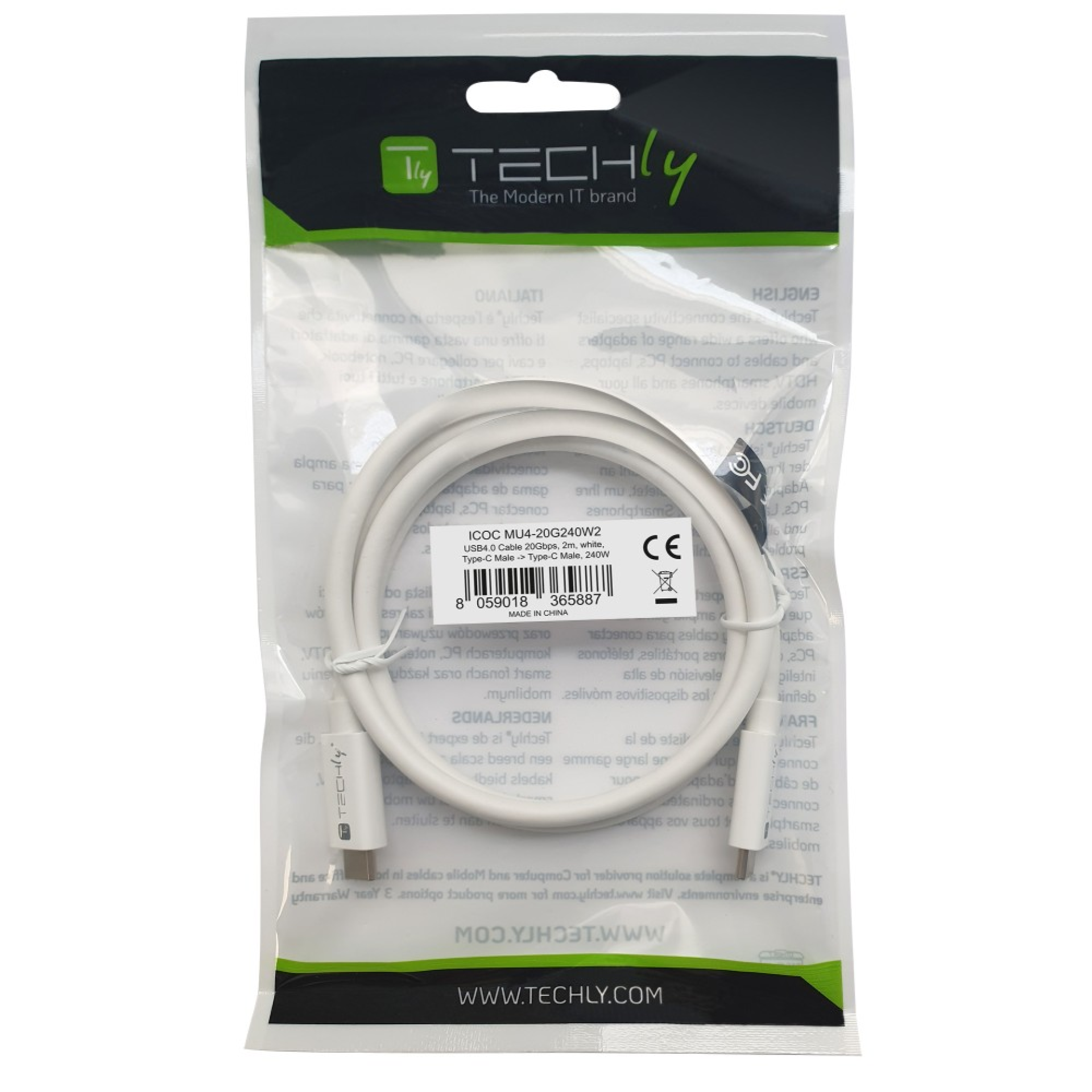 Techly USB4 Gen2 USB-C EPR Kabel 20G 240W zertifiziert 2m weiß