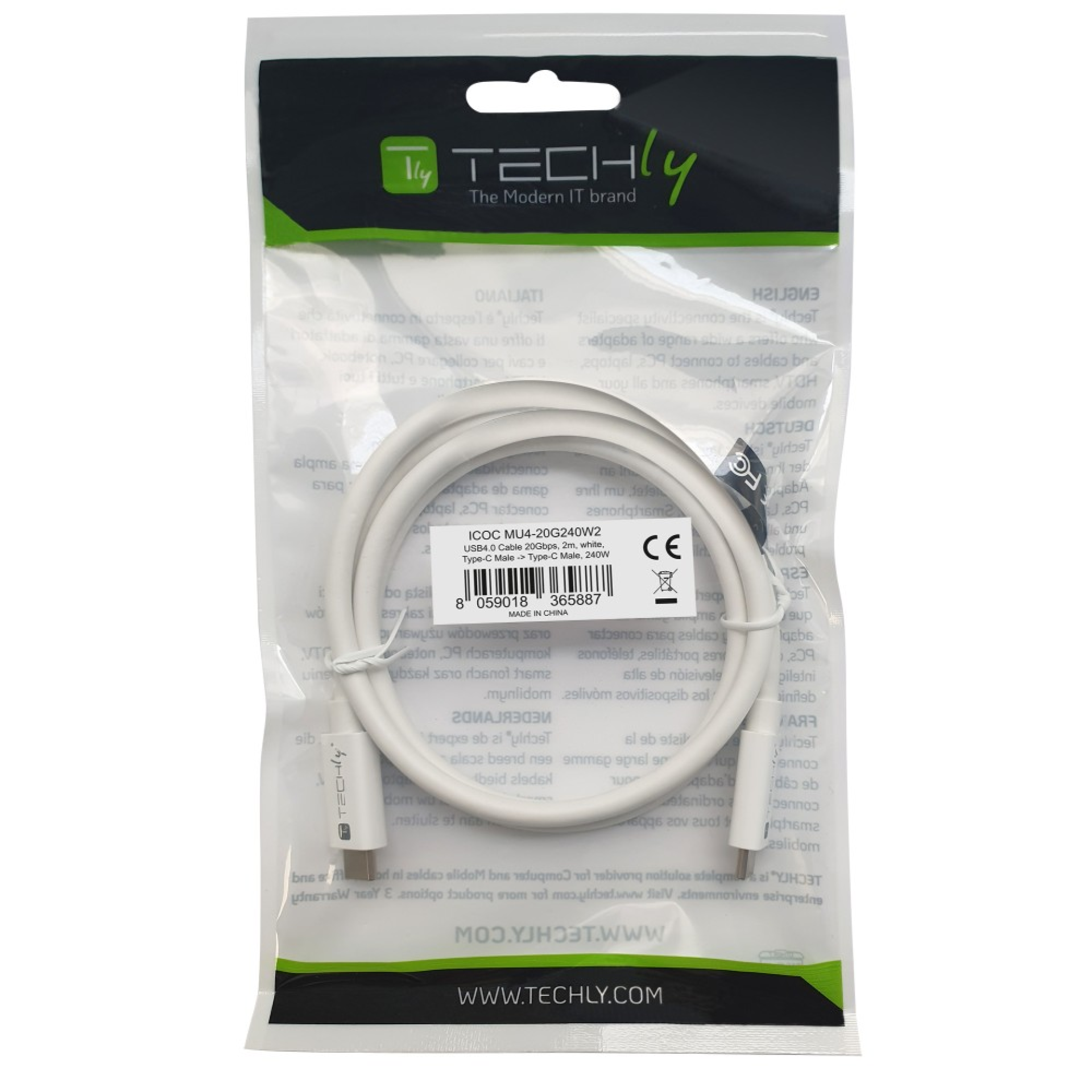 Techly USB4 Gen2 USB-C EPR cable 20G 240W certified 2m white