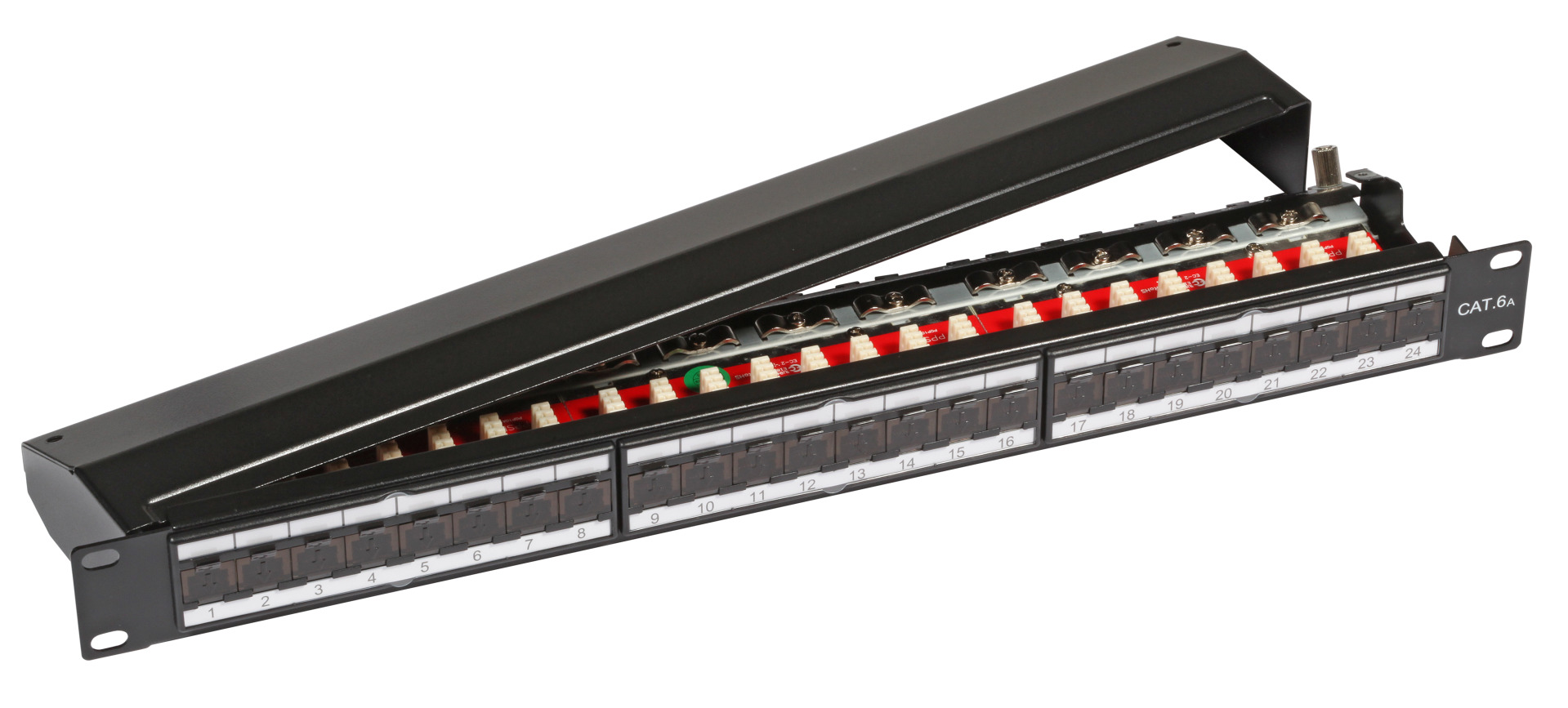 Patchpanel STP 24xRJ45 Cat.6A/Class EA, 19“ 1HE, RAL9005 schwarz