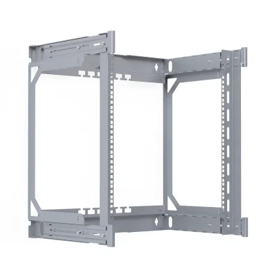 Offener 19-Zoll Wandrahmen aus Metall in Grau für die flexible und platzsparende Montage von Netzwerkkomponenten