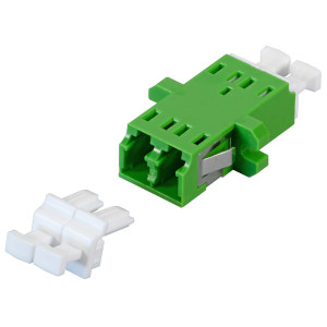Green fiber optic adapter with angle polishing and removed white protective cap. Green fiber optic adapter with angle polishing and removed white protective cap.