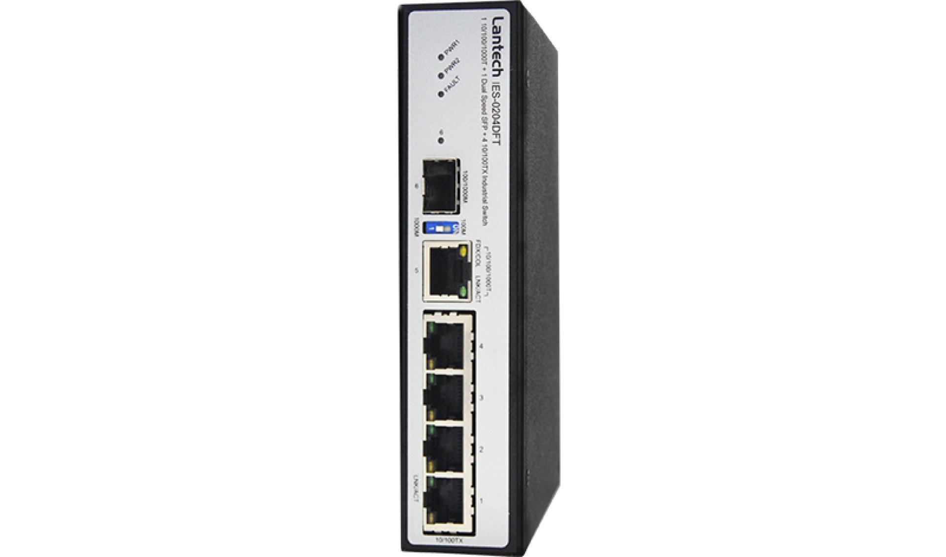 DIN-Rail-Switch, 4x10/100TX PoE+, 1x 10/100/1000T, 1x GE SFP, 12V