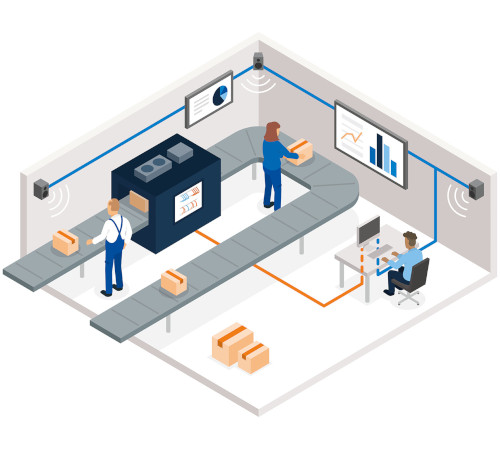 Modern logistics environment with a networked conveyor belt system. Two workers place boxes on the conveyor belt while a third employee works on a computer.