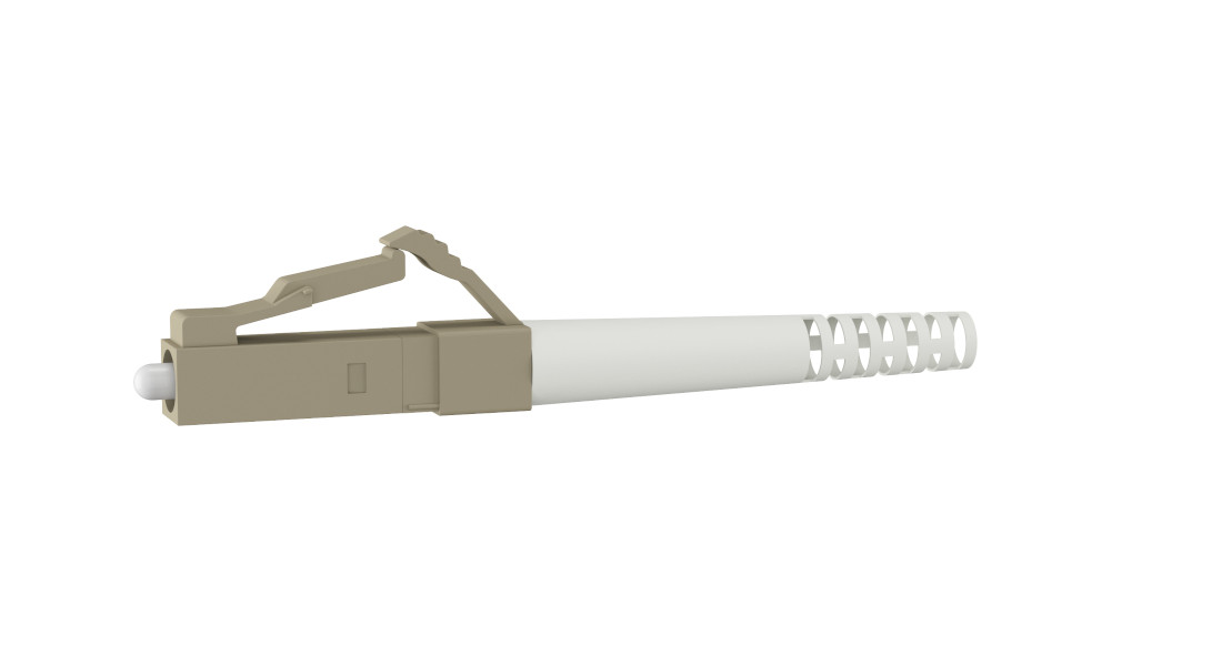Beiger LC-Stecker mit weißem Kabelmantel und Knickschutz für Glasfaserverbindungen in Netzwerkanwendungen Beiger LC-Stecker mit weißem Kabelmantel und Knickschutz für Glasfaserverbindungen in Netzwerkanwendungen