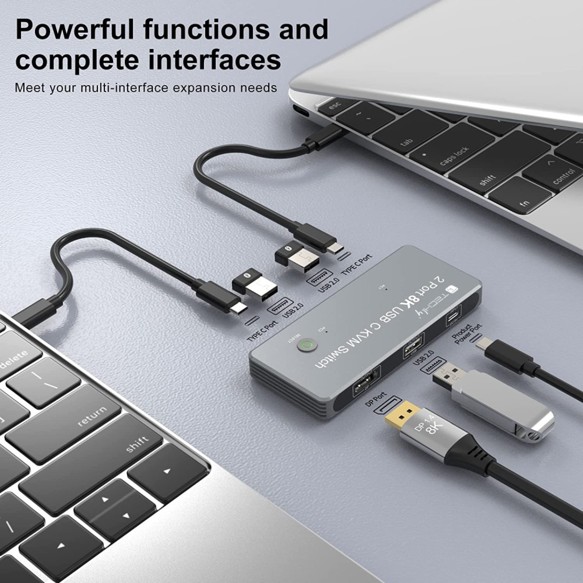 Techly KVM USB-C Switch 8K Displayport 1.4, 2x USB-C, 3x USB 2.0